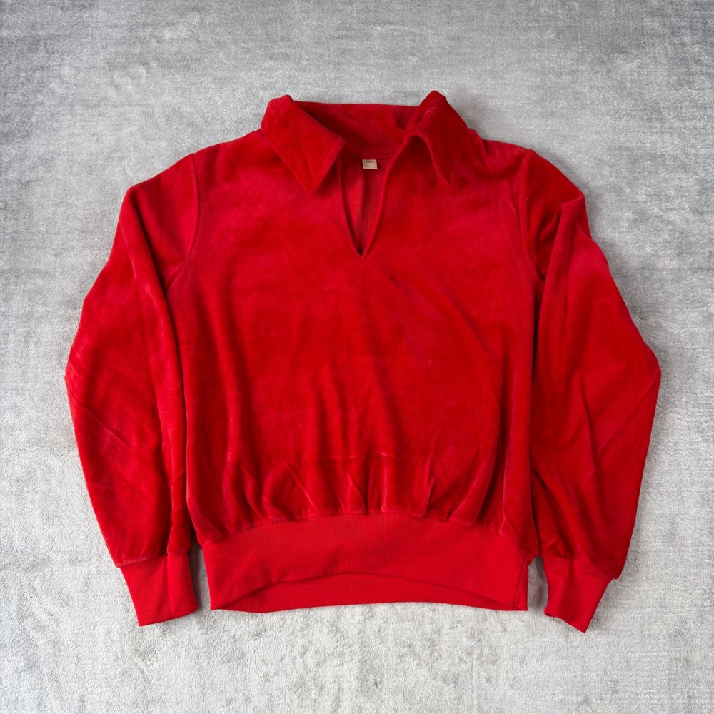 Vintage 1970s Sweatshirt Women Large Red V Neck Velour Polo Terrycloth Pullover